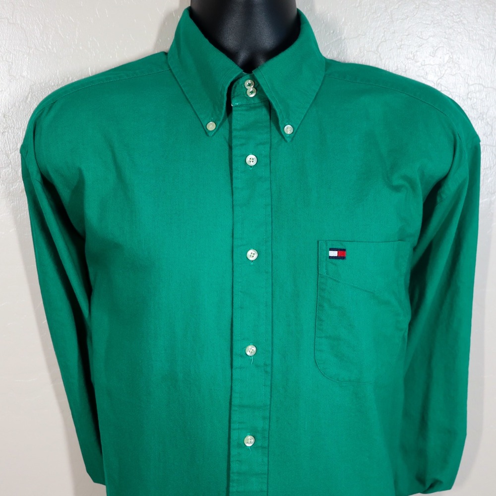 Vintage Tommy Hilfiger Button Down Shirt Green Cotton‎ Logo Pocket Men's Large